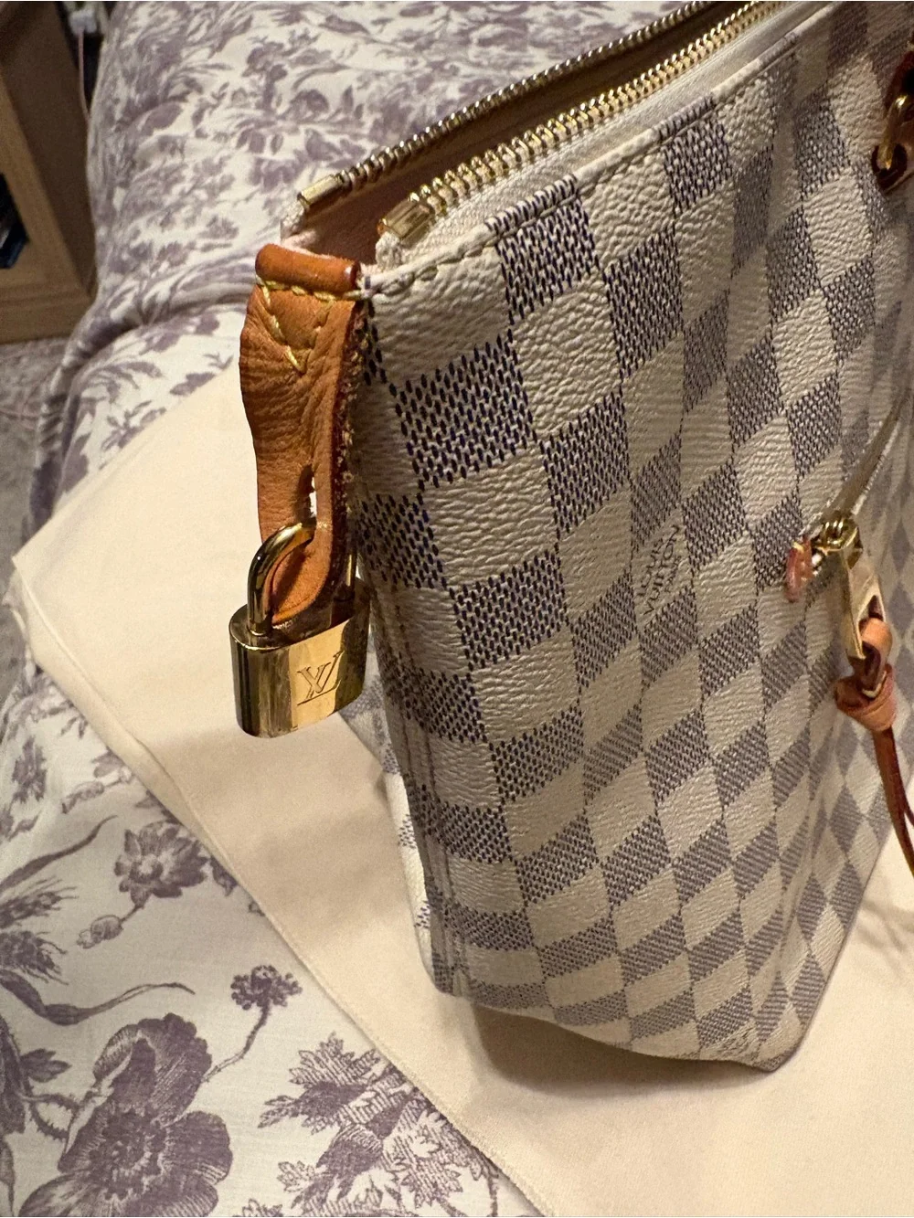 Louis Vuitton Damier Azur Iena MM Canvas Tote with rose ballerina pink interior
